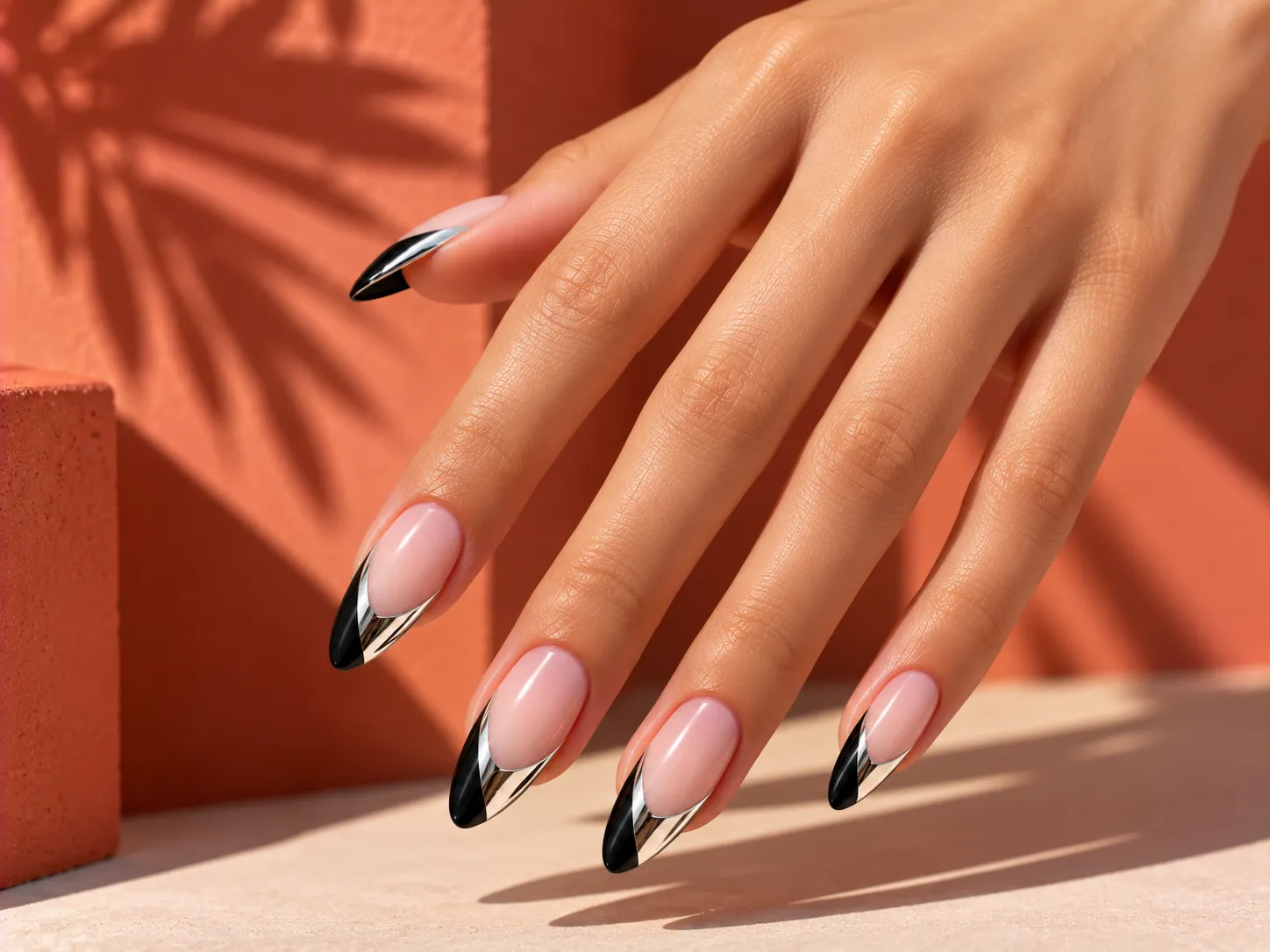 Black and silver French tip nails with a fine metallic silver accent