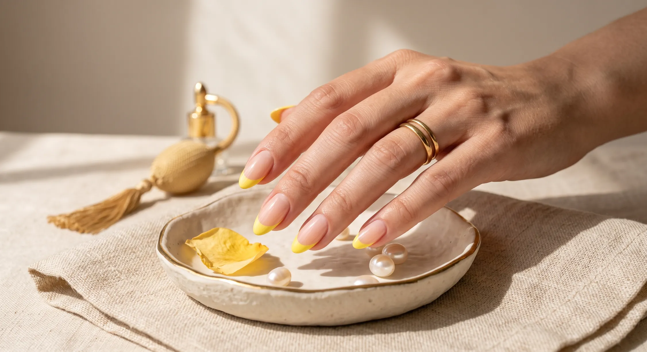 Butter yellow French tip nails with soft creamy yellow smile lines