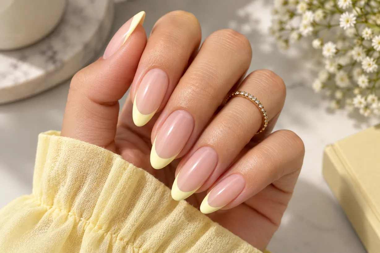 Pastel yellow French tip nails paired with a cool-looking base tone
