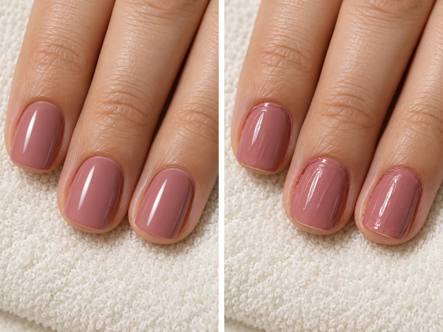 Side-by-side close-ups contrasting tidy gel placement and smooth color with flooded edges and uneven gel