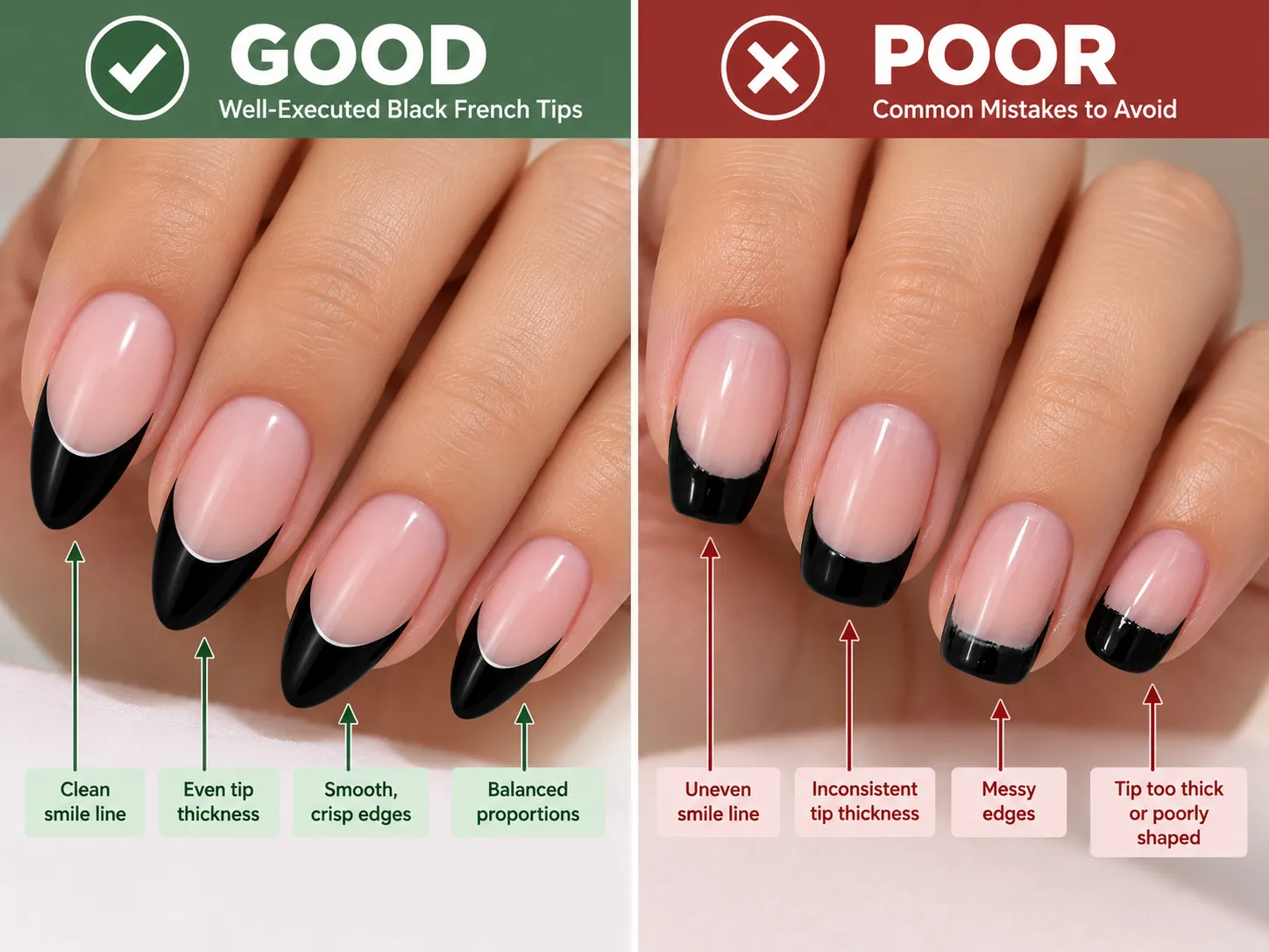 Comparison of professionally executed black French tips and uneven poorly proportioned black French tips