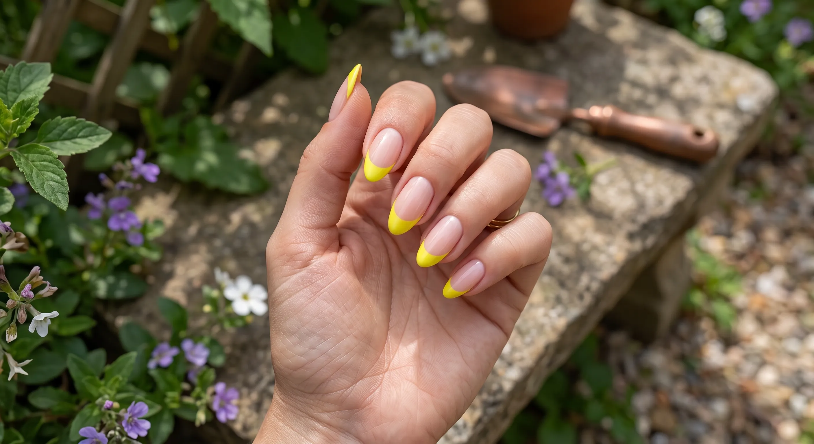 Lemon yellow French tip nails with bright clean yellow smile lines