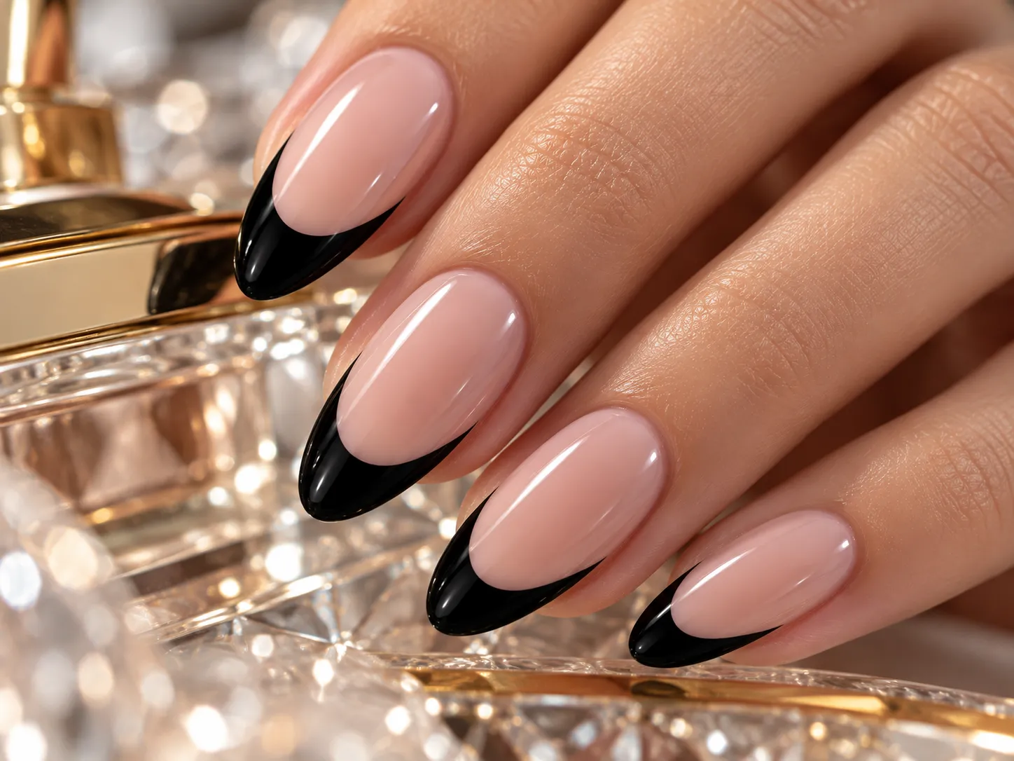 Luxury close-up of precise glossy black French tips over a sheer nude base