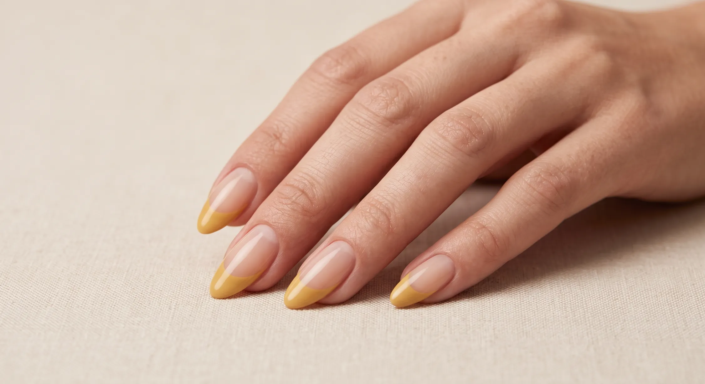 Muted yellow French tip nails with softly toned-down yellow smile lines