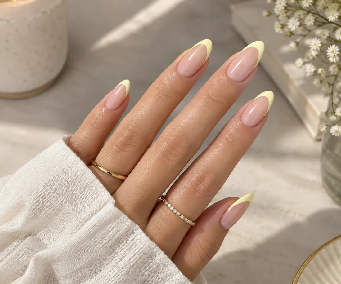Butter yellow French tip nails paired with a neutral-looking base tone
