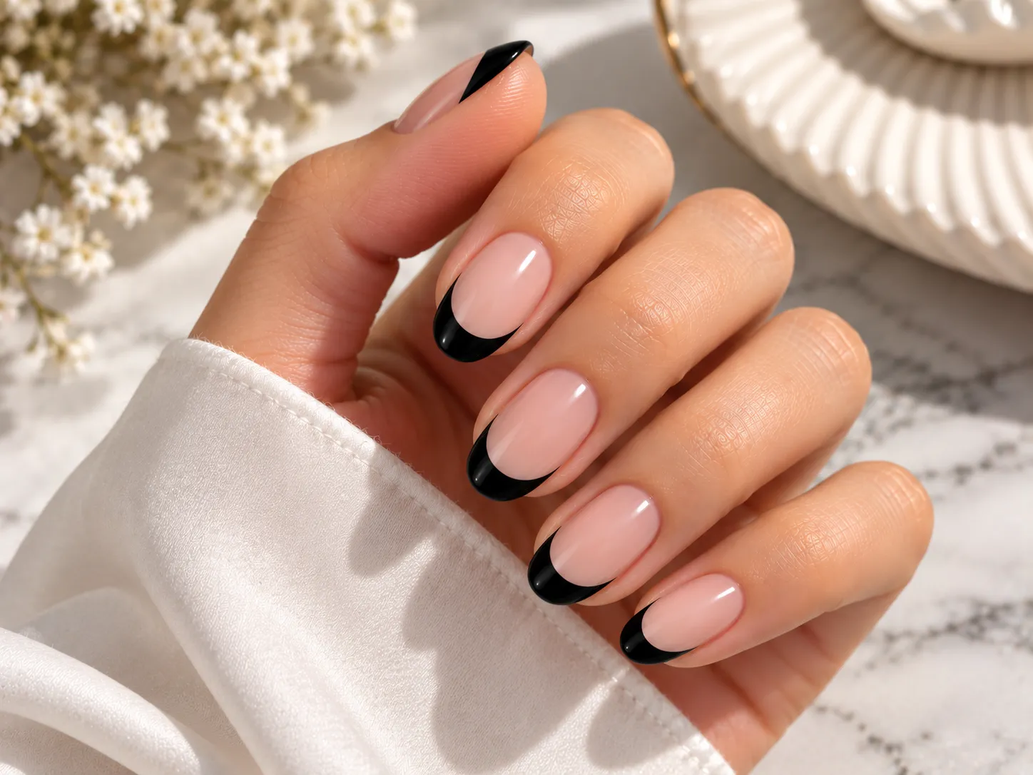 Black French tip nails on oval shaped nails