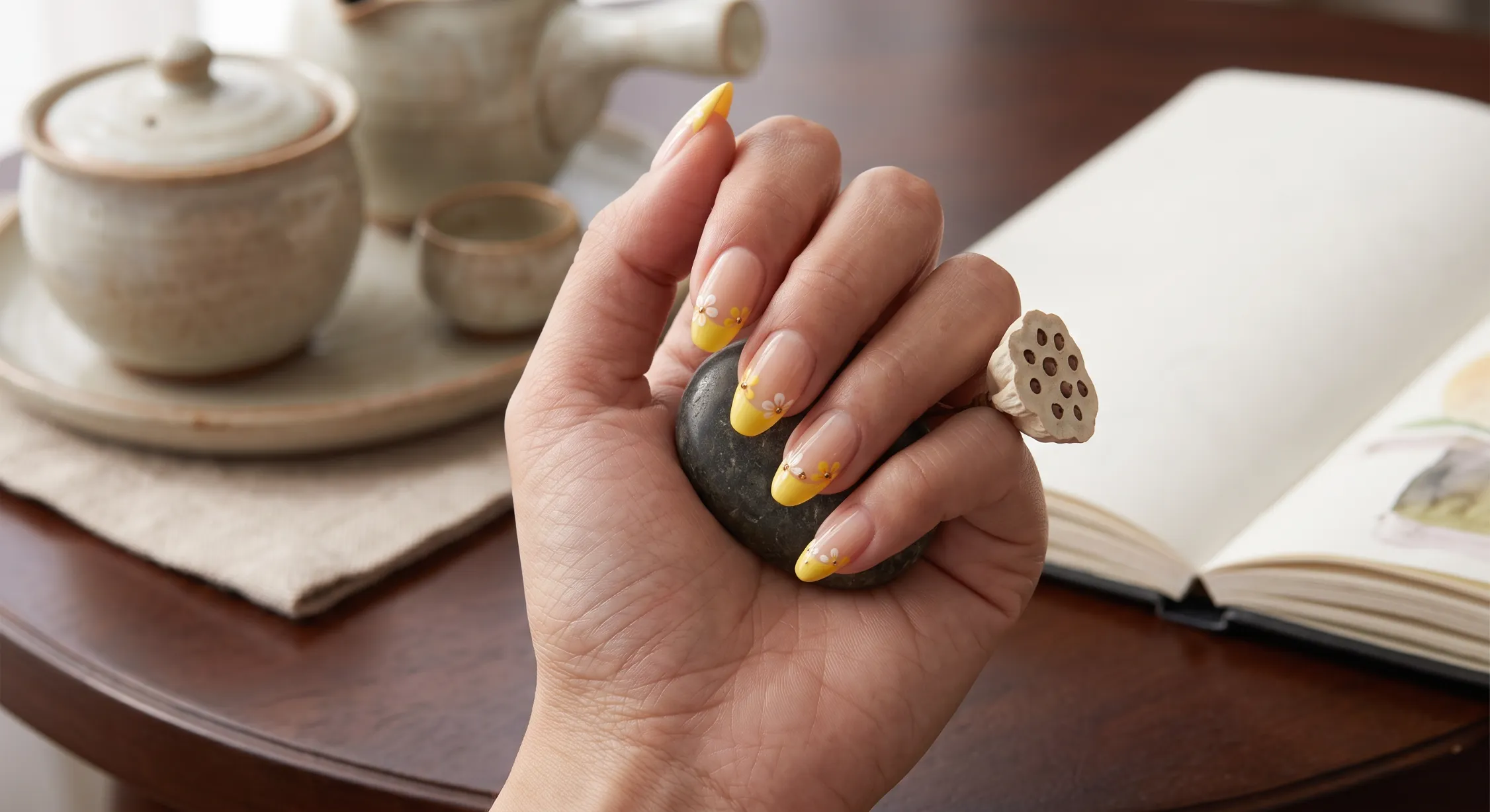 Pastel yellow French tip nails with delicate yellow floral details