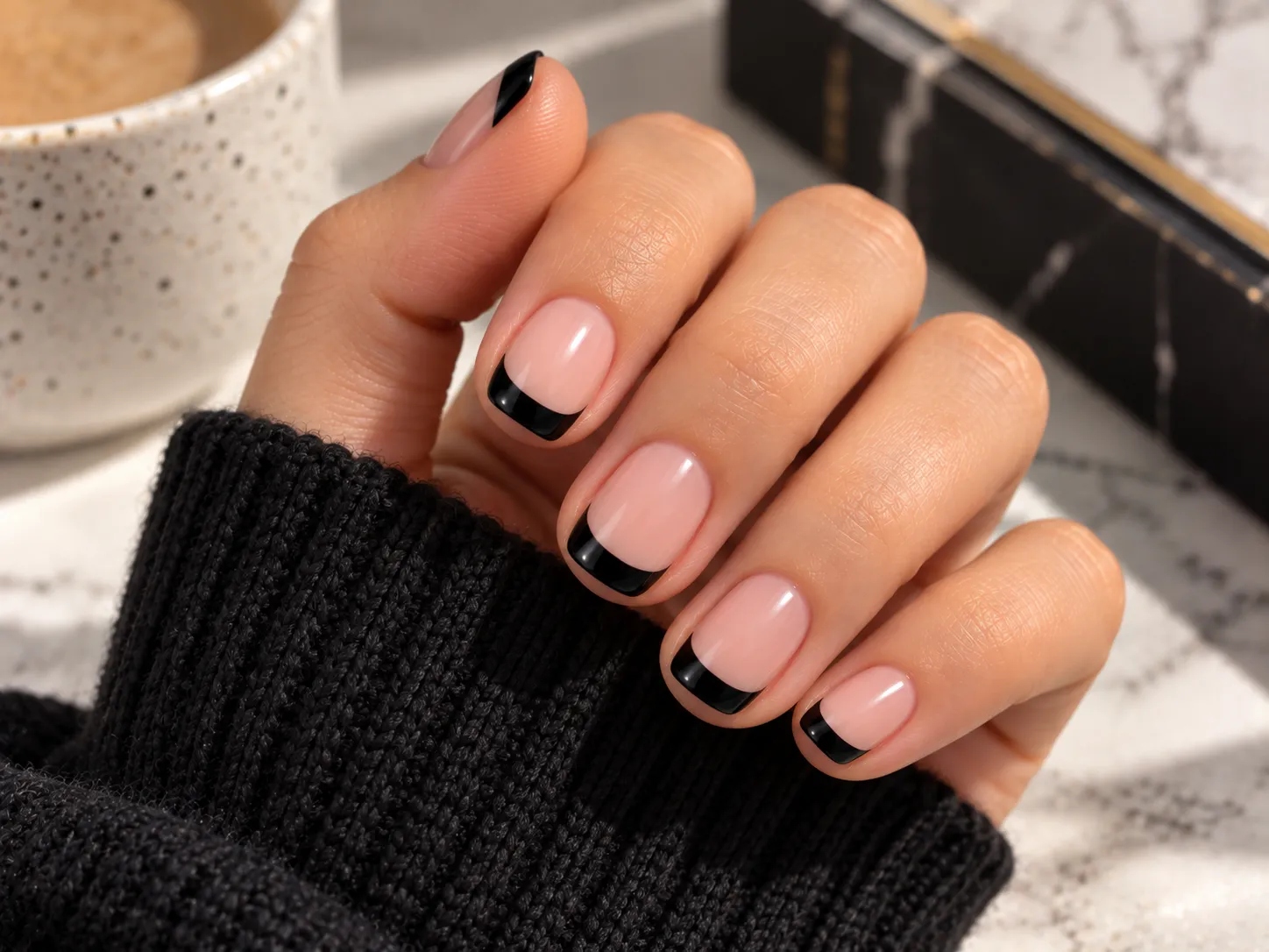 Short black French tip nails with narrow clean black edges