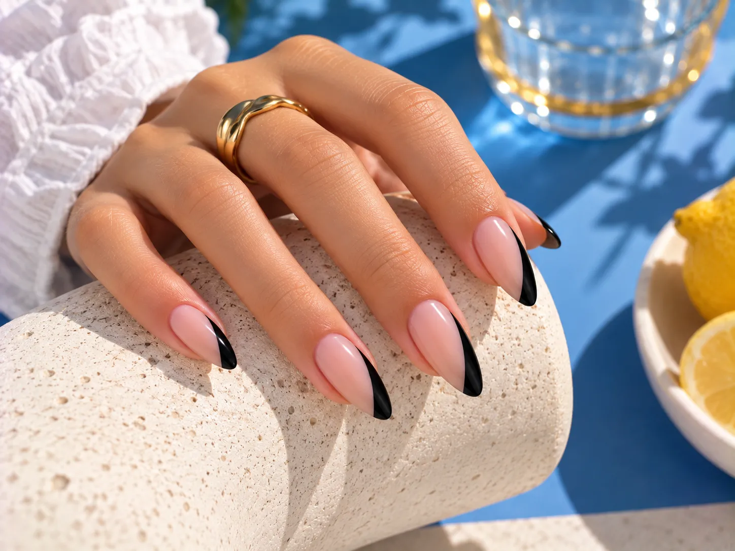 Side black French tip nails with asymmetric black edges