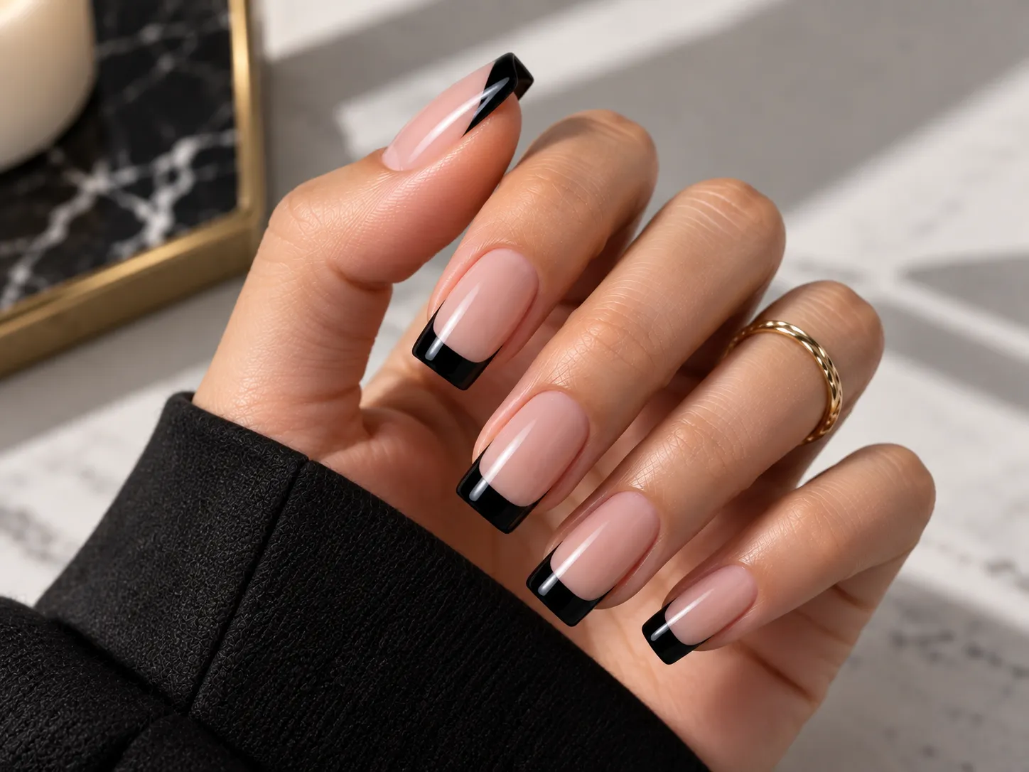Black French tip nails on square shaped nails
