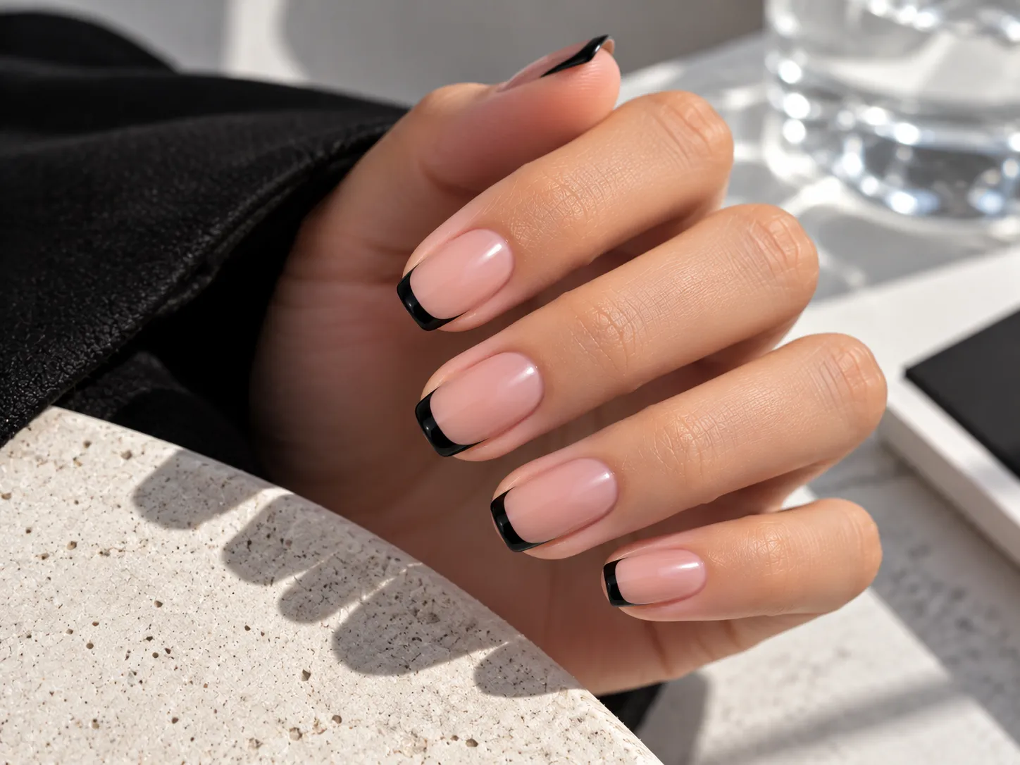 Black French tip nails on squoval shaped nails