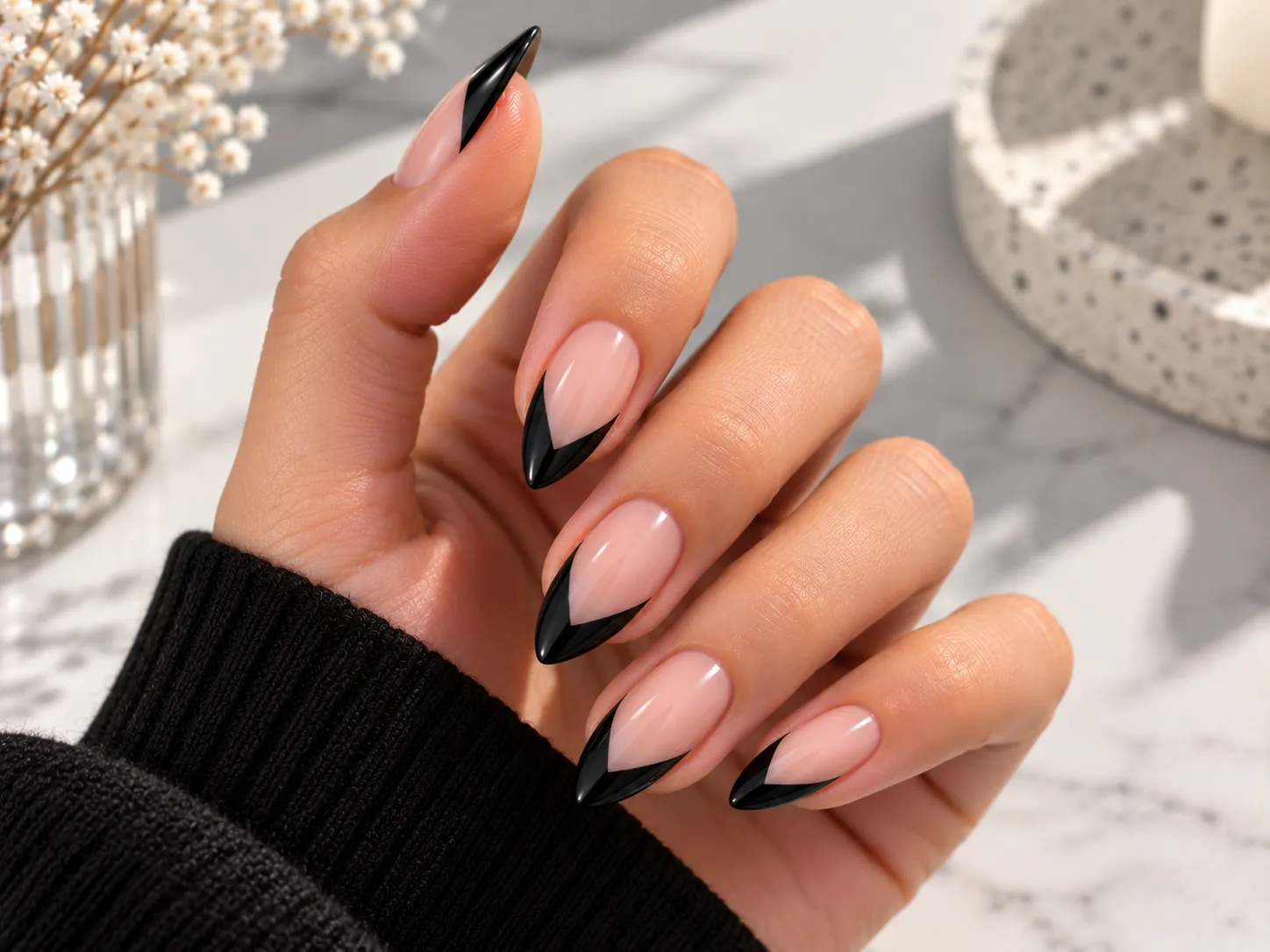 Black V-cut French tip nails with sharp chevron edges