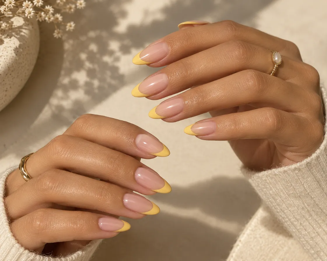 Golden yellow French tip nails paired with a warm olive-looking base tone