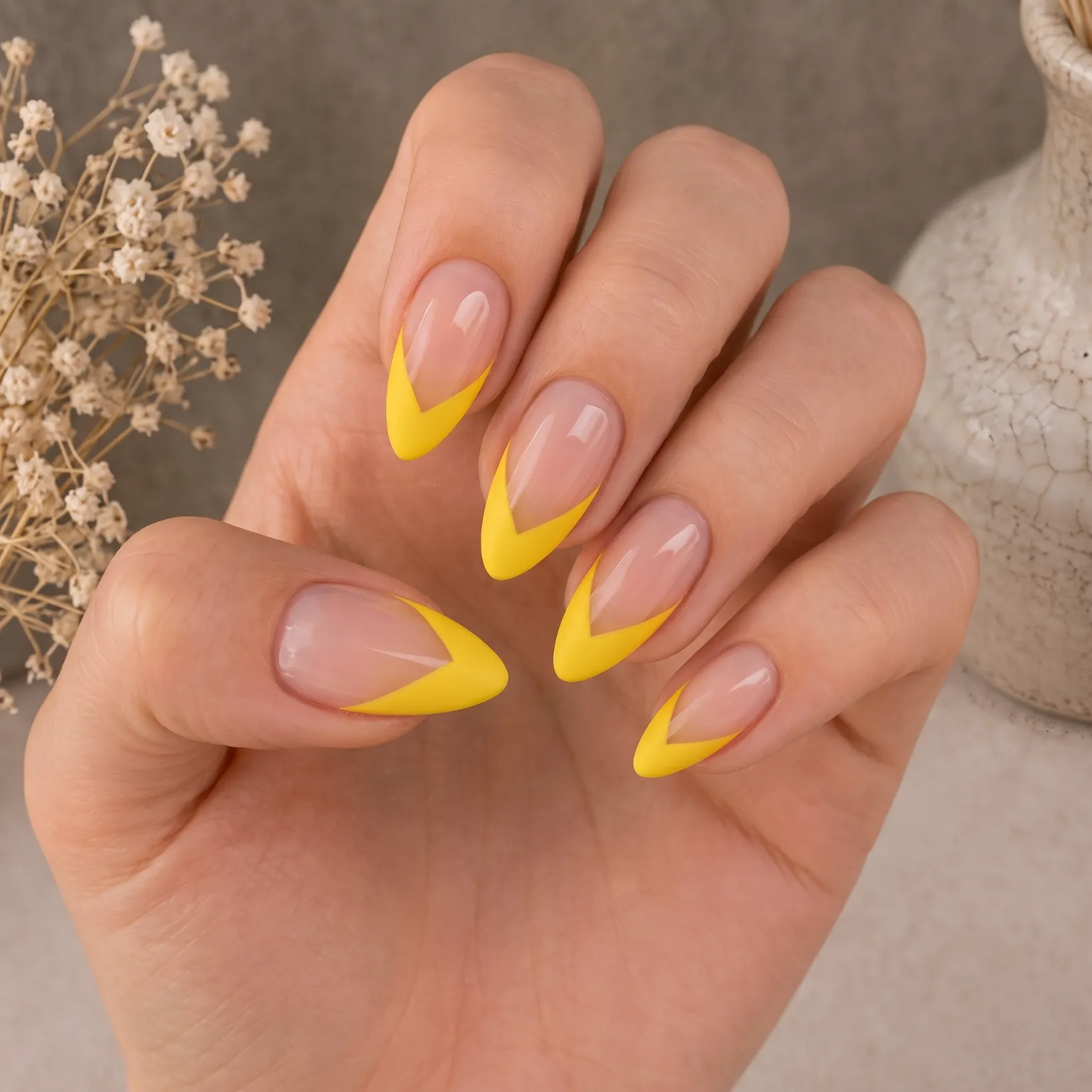 Yellow chevron French tip nails with pointed V-shaped yellow edges