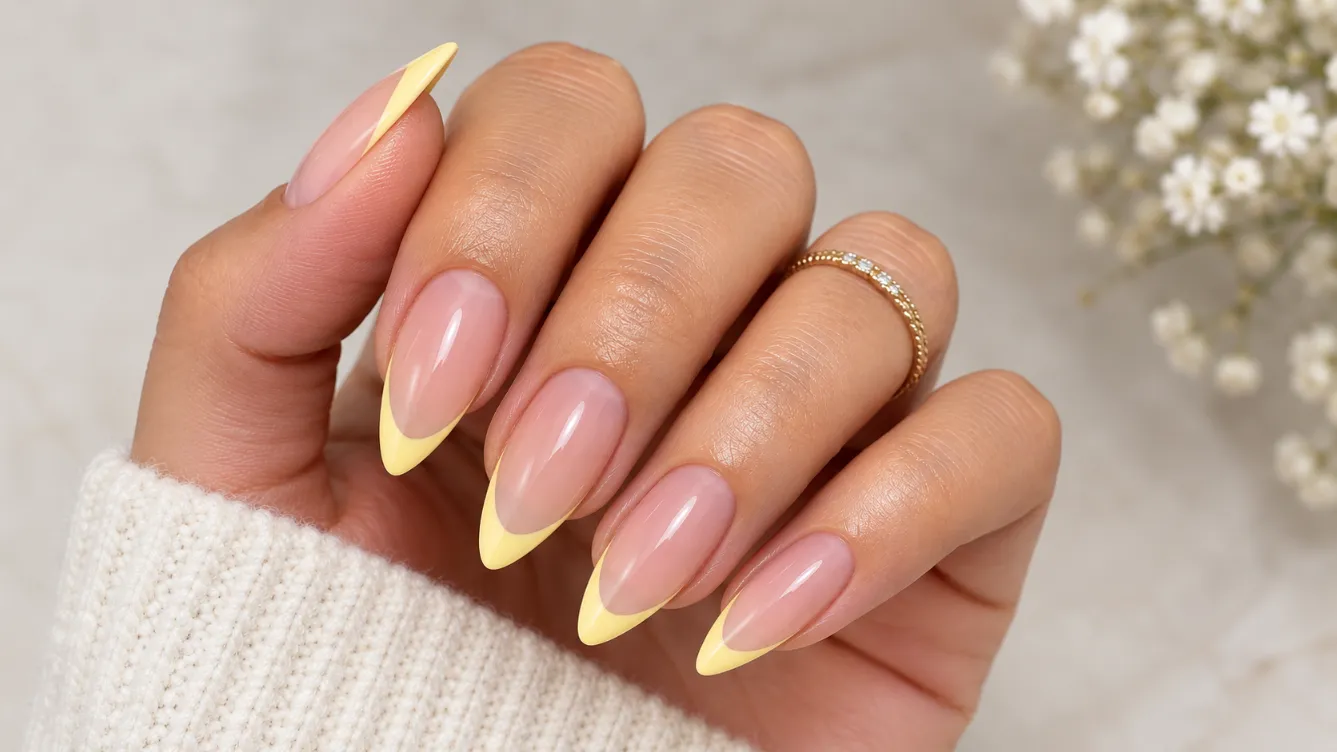 Yellow French tip nails on almond-shaped nails with tapered yellow smile lines