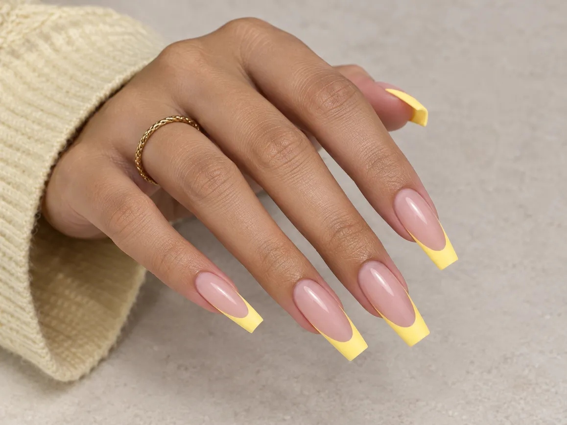 Yellow French tip nails on coffin-shaped nails with a defined yellow free edge