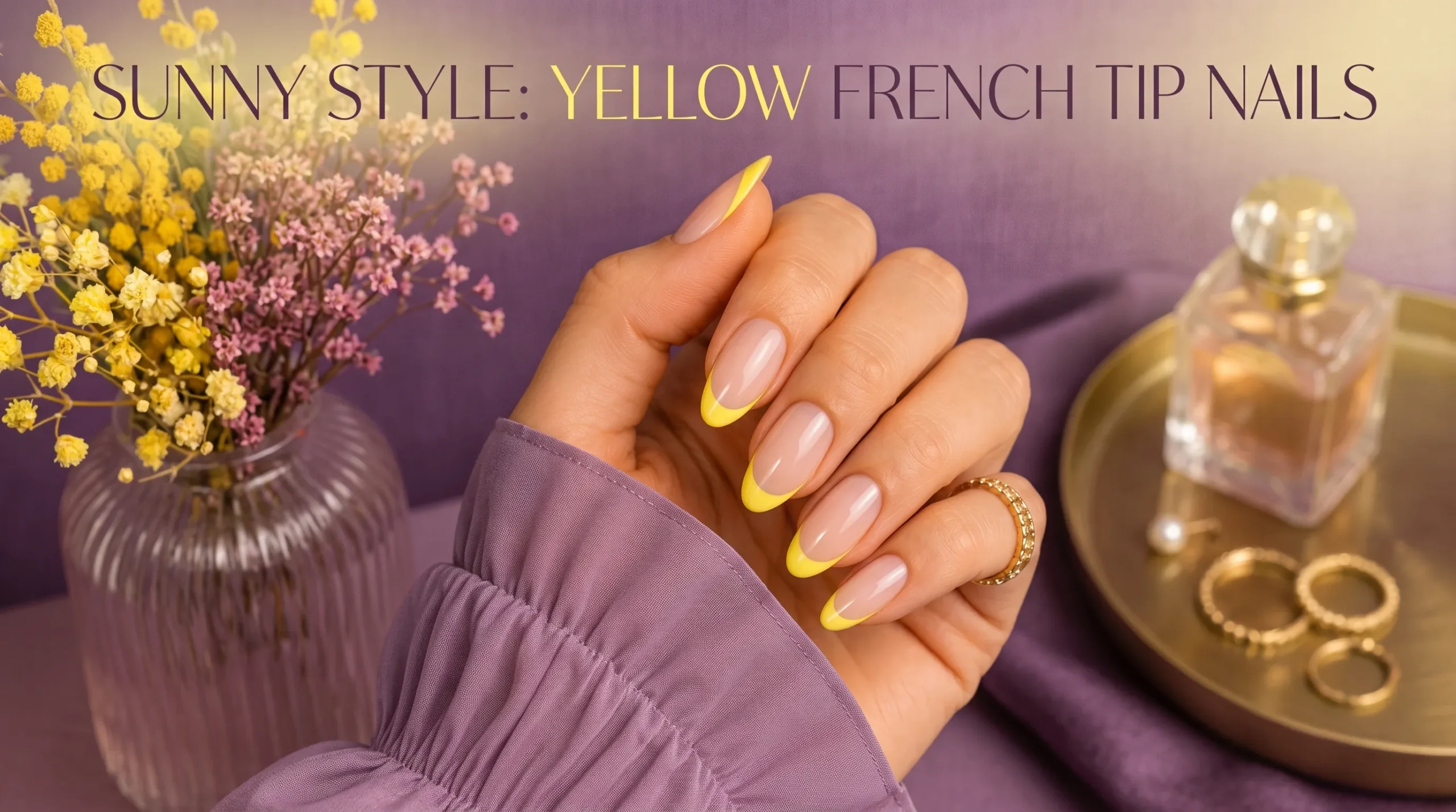 Yellow French tip nails with polished yellow smile lines over a clean natural-looking base