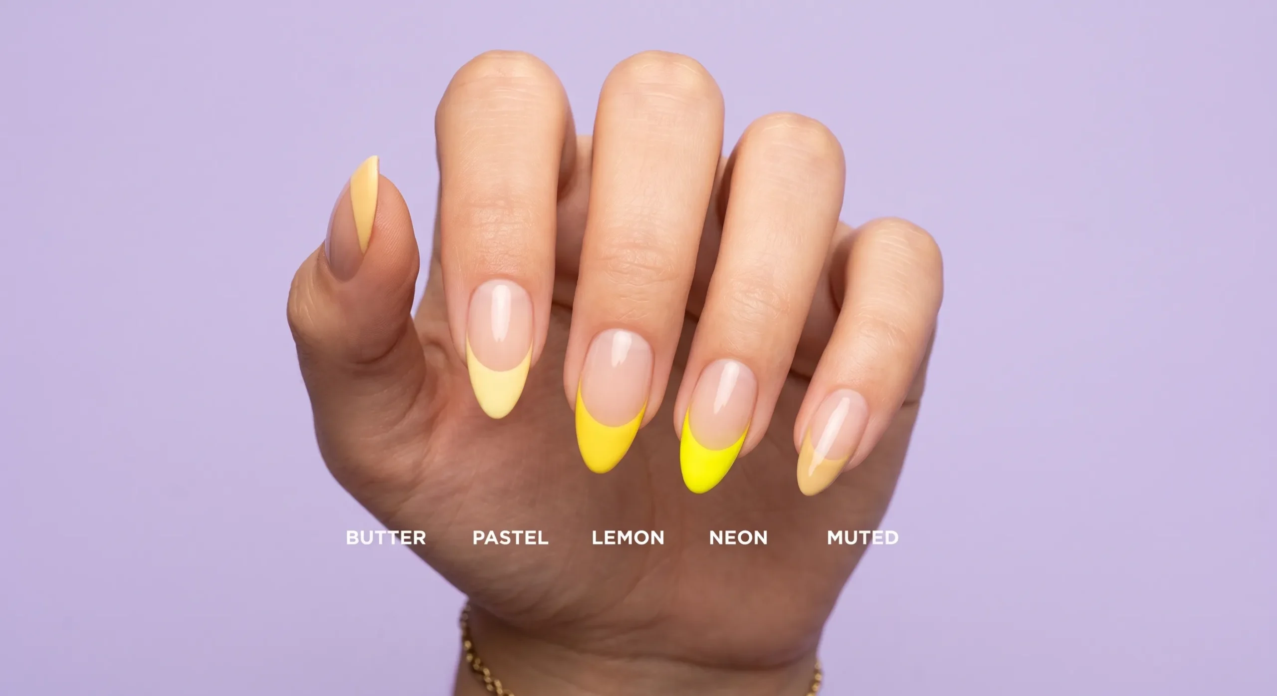 Visual comparison of butter, pastel, lemon, neon, and muted yellow French tip shades