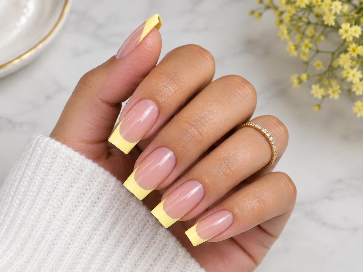 Yellow French tip nails on square-shaped nails with crisp yellow free edges