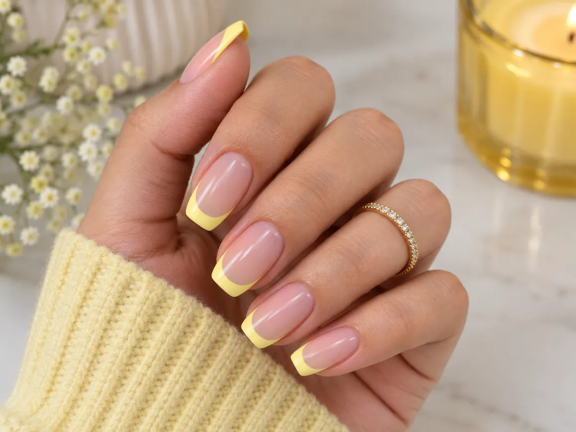 Yellow French tip nails on squoval nails with softly rounded corners