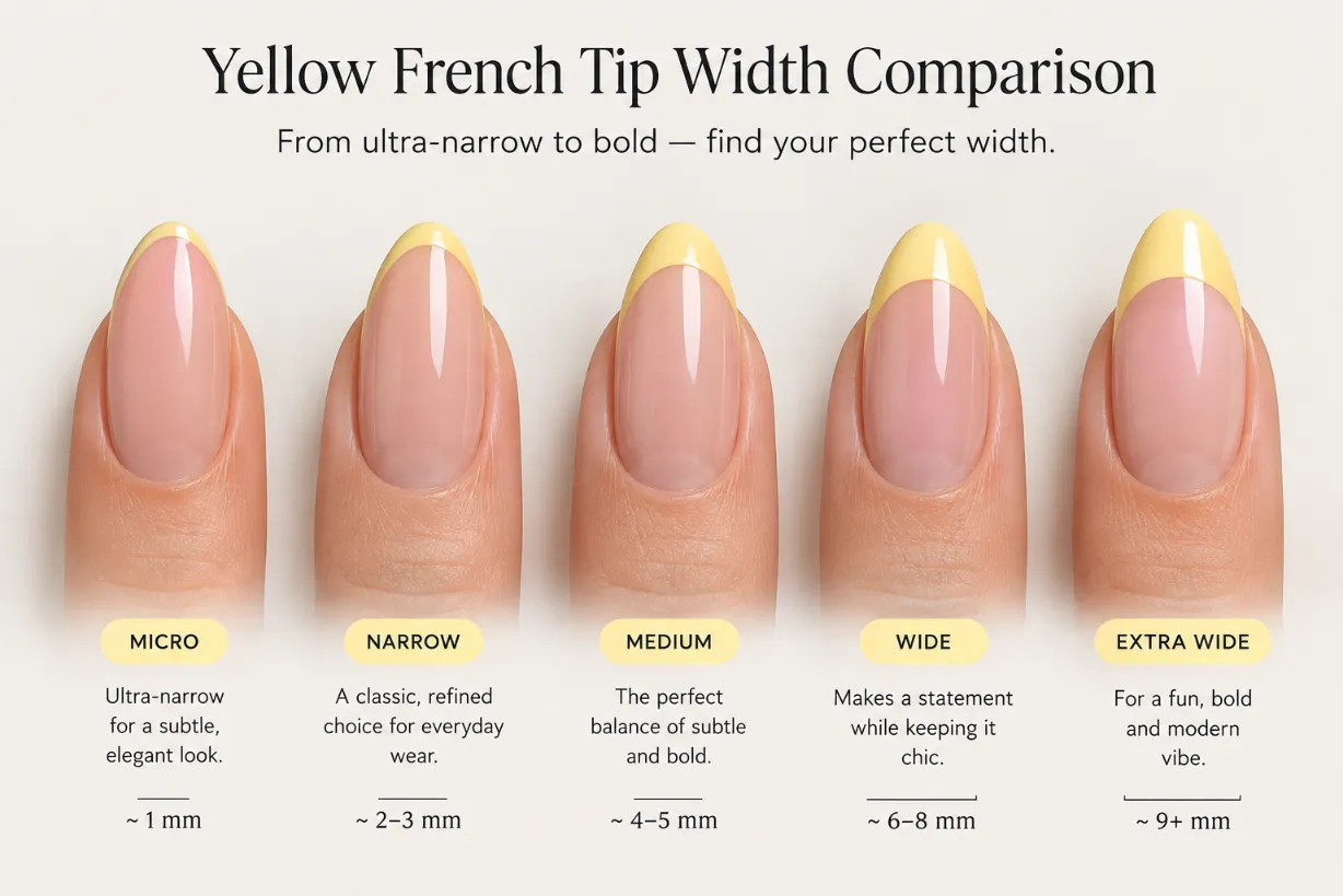 Yellow French tip width comparison showing narrow and wider yellow French edges